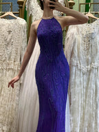 Vintage Deep Purple Mermaid Halter Neck Backless Beaded Chiffon Formal Prom Dress