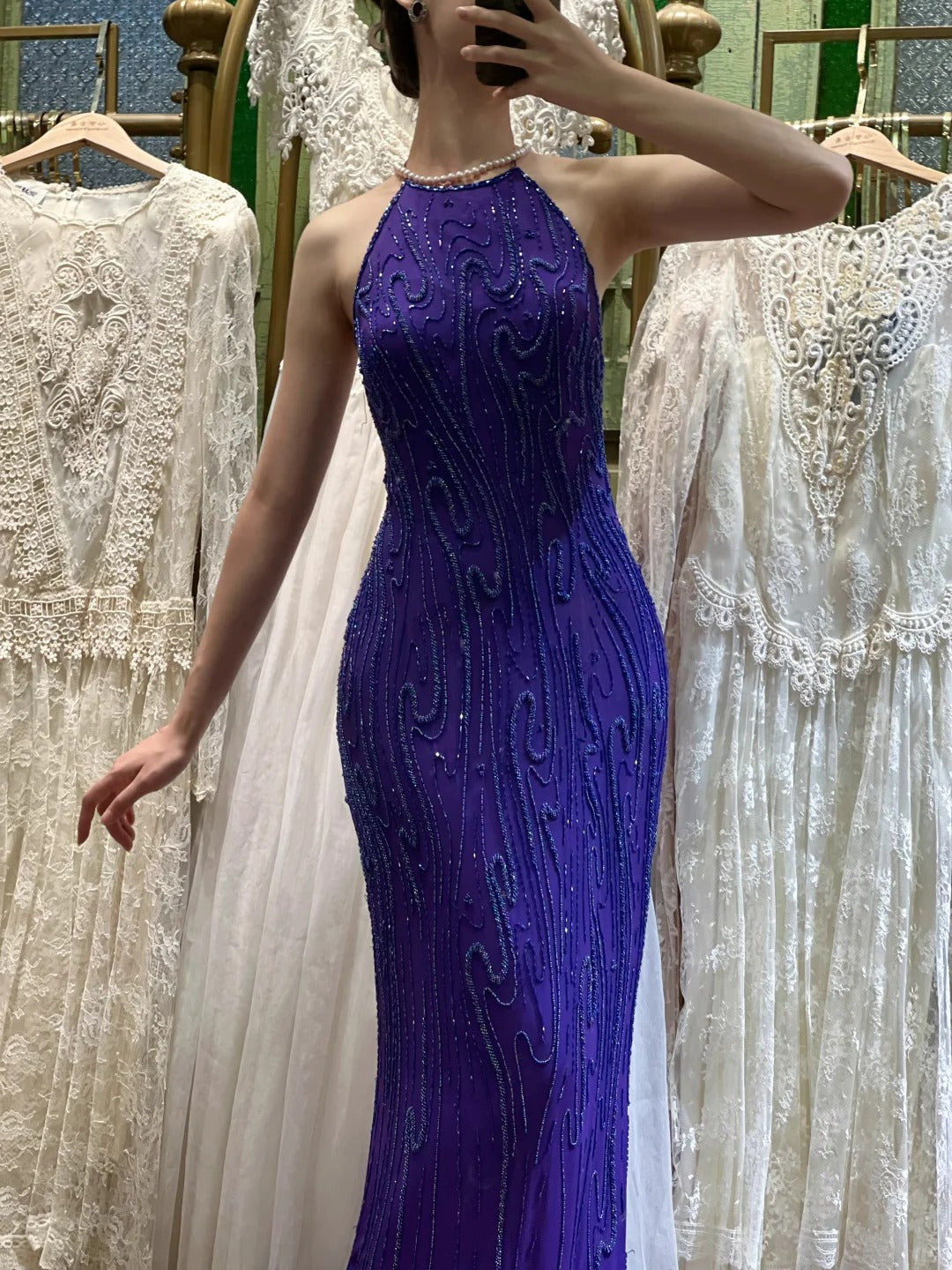 Vintage Deep Purple Mermaid Halter Neck Backless Beaded Chiffon Formal Prom Dress