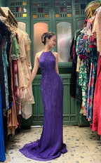 Vintage Deep Purple Mermaid Halter Neck Backless Beaded Chiffon Formal Prom Dress