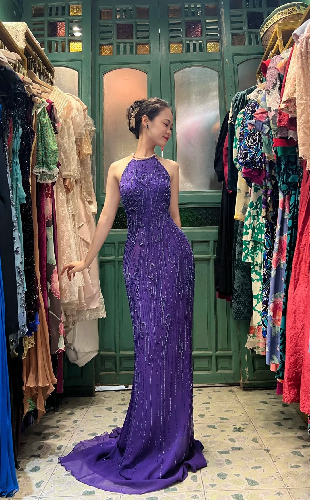 Vintage Deep Purple Mermaid Halter Neck Backless Beaded Chiffon Formal Prom Dress