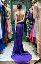 Vintage Deep Purple Mermaid Halter Neck Backless Beaded Chiffon Formal Prom Dress
