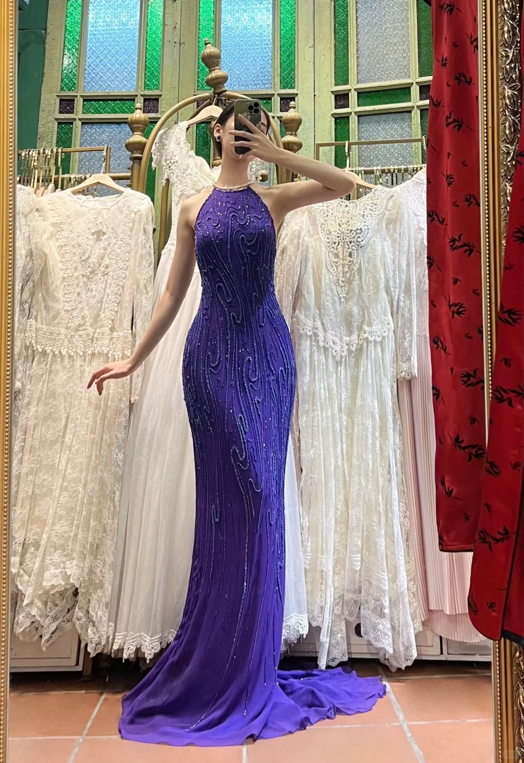 Vintage Deep Purple Mermaid Halter Neck Backless Beaded Chiffon Formal Prom Dress Main image