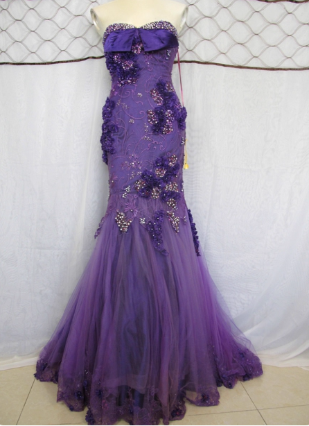 Vintage Deep Purple Mermaid Strapless 3D Floral Beaded Tulle Long Formal Prom Dress Main image