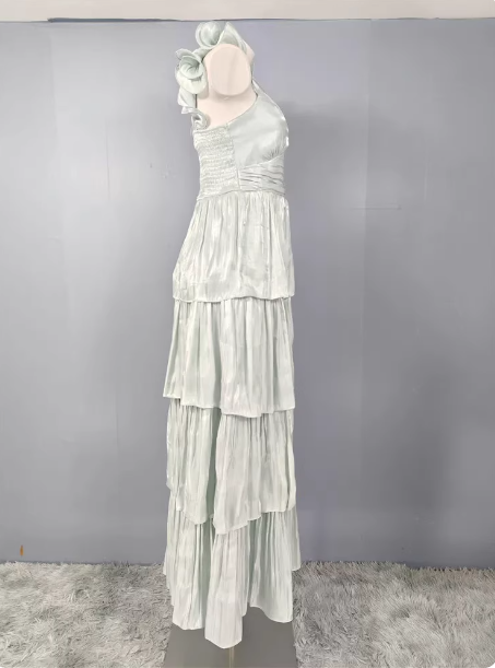 Vintage Dusty Sage A-Line V-Neck Satin Tiered Long Formal Prom Dress Secondary image
