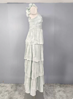Vintage Dusty Sage A-Line V-Neck Satin Tiered Long Formal Prom Dress