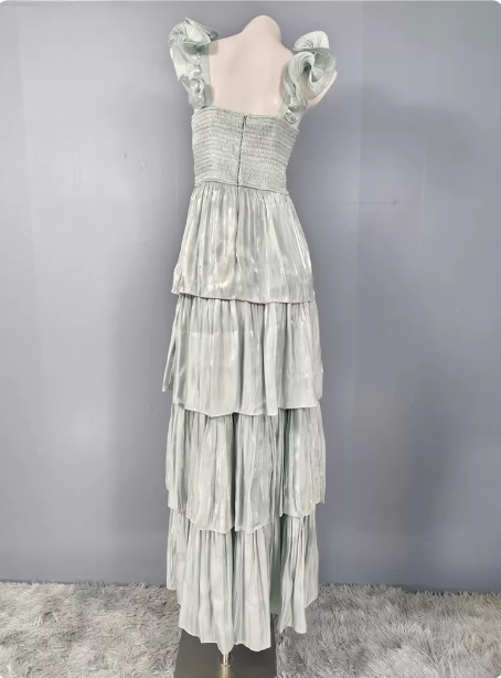 Vintage Dusty Sage A-Line V-Neck Satin Tiered Long Formal Prom Dress