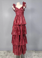 Vintage Dusty Sage A-Line V-Neck Satin Tiered Long Formal Prom Dress