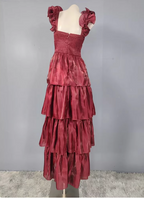 Vintage Dusty Sage A-Line V-Neck Satin Tiered Long Formal Prom Dress