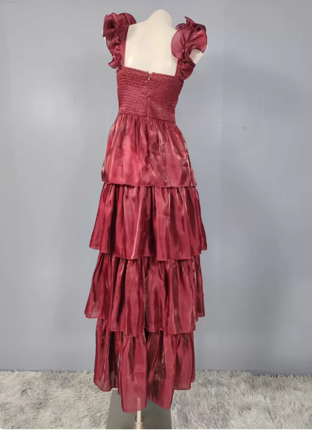 Vintage Dusty Sage A-Line V-Neck Satin Tiered Long Formal Prom Dress