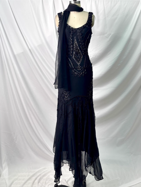 Vintage Elegant Black Mermaid Asymmetrical Hem Beaded Chiffon Long Formal Prom Dress Main image