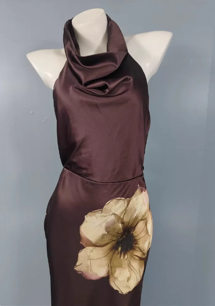 Vintage Elegant Dark Brown Printed Halter Neck Open Back Satin Long Formal Prom Dress