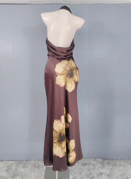 Vintage Elegant Dark Brown Printed Halter Neck Open Back Satin Long Formal Prom Dress