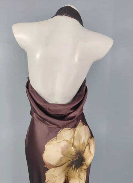 Vintage Elegant Dark Brown Printed Halter Neck Open Back Satin Long Formal Prom Dress