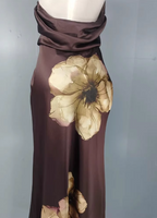 Vintage Elegant Dark Brown Printed Halter Neck Open Back Satin Long Formal Prom Dress