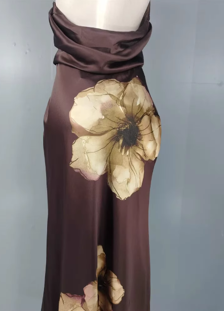 Vintage Elegant Dark Brown Printed Halter Neck Open Back Satin Long Formal Prom Dress