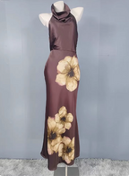 Vintage Elegant Dark Brown Printed Halter Neck Open Back Satin Long Formal Prom Dress