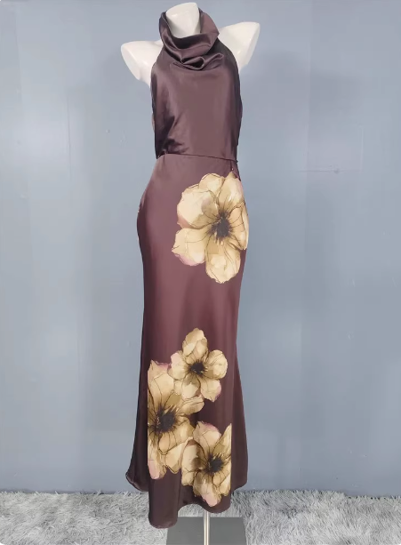 Vintage Elegant Dark Brown Printed Halter Neck Open Back Satin Long Formal Prom Dress