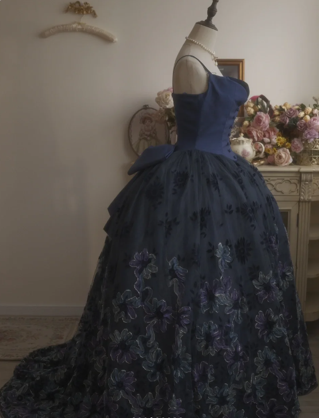 Vintage Elegant Navy Blue Bow Embroidered Train Tulle Ball Gown Prom Dress Sweet 16 Dress