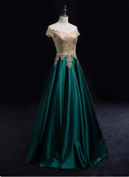 Vintage Emerald Green A-Line Off-The-Shoulder Lace Satin Long Formal Prom Dress Secondary image