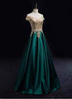 Vintage Emerald Green A-Line Off-The-Shoulder Lace Satin Long Formal Prom Dress