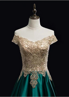 Vintage Emerald Green A-Line Off-The-Shoulder Lace Satin Long Formal Prom Dress