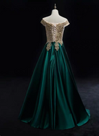 Vintage Emerald Green A-Line Off-The-Shoulder Lace Satin Long Formal Prom Dress