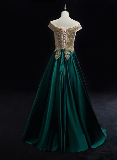 Vintage Emerald Green A-Line Off-The-Shoulder Lace Satin Long Formal Prom Dress