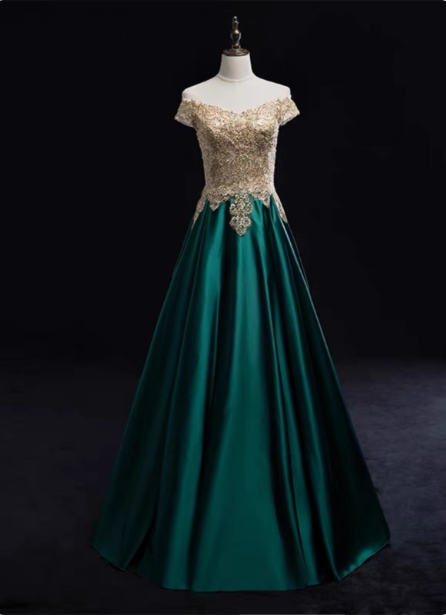 Vintage Emerald Green A-Line Off-The-Shoulder Lace Satin Long Formal Prom Dress Main image
