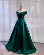 Vintage Emerald Green A-Line Off-The-Shoulder Satin Long Formal Prom Dress