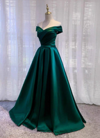 Vintage Emerald Green A-Line Off-The-Shoulder Satin Long Formal Prom Dress