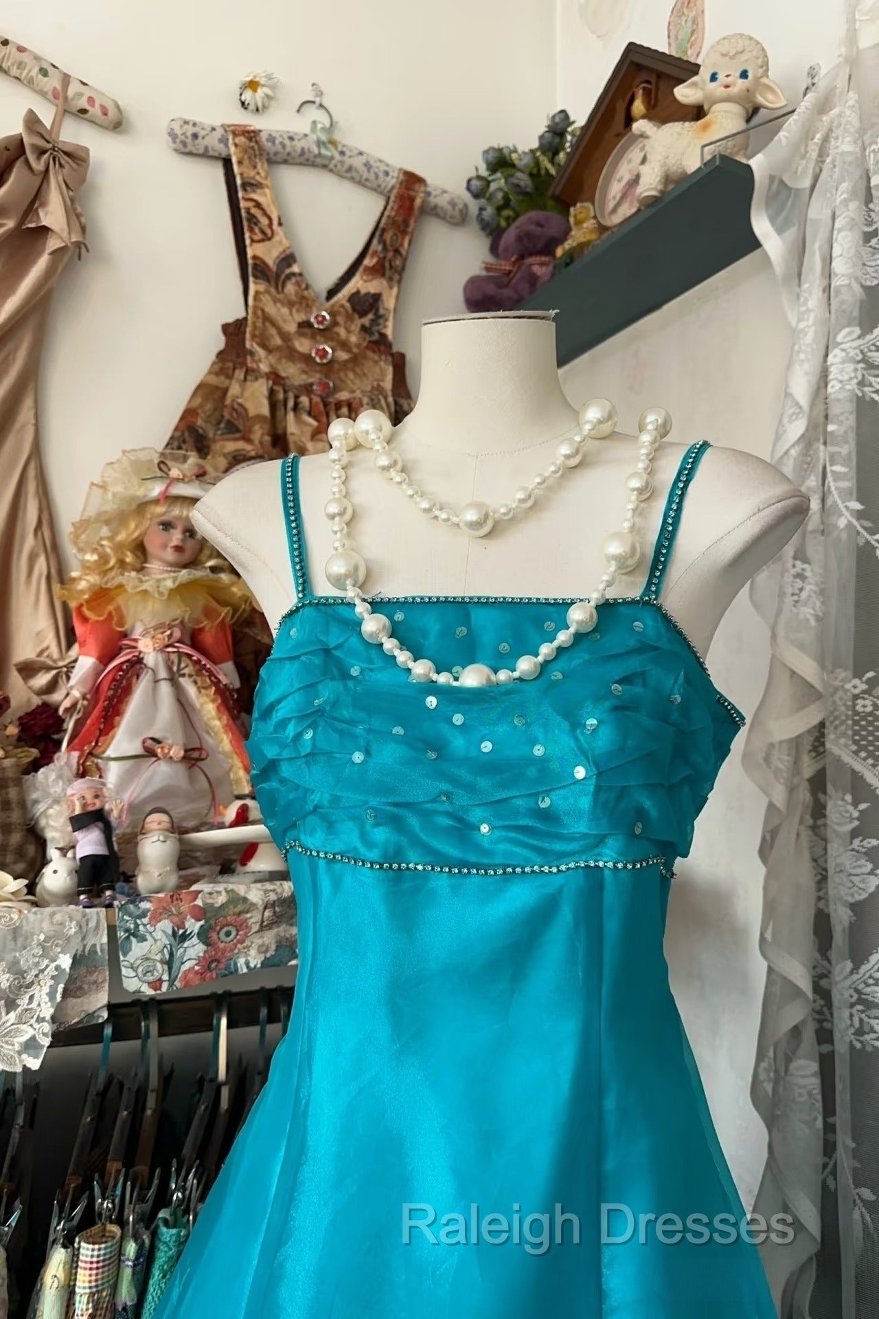 Vintage Fashion A Line Spaghetti Straps Blue Floor Length Evening Dress Prom Dresses Secondary image