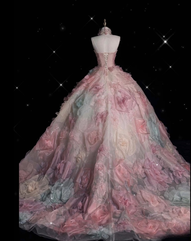 Vintage Fashion Ball Gown Strapless Pink Floral Floor Length Evening Dress Prom Dresses Secondary image