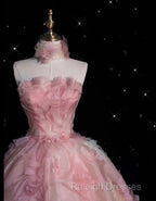 Vintage Fashion Ball Gown Strapless Pink Floral Floor Length Prom Dresses