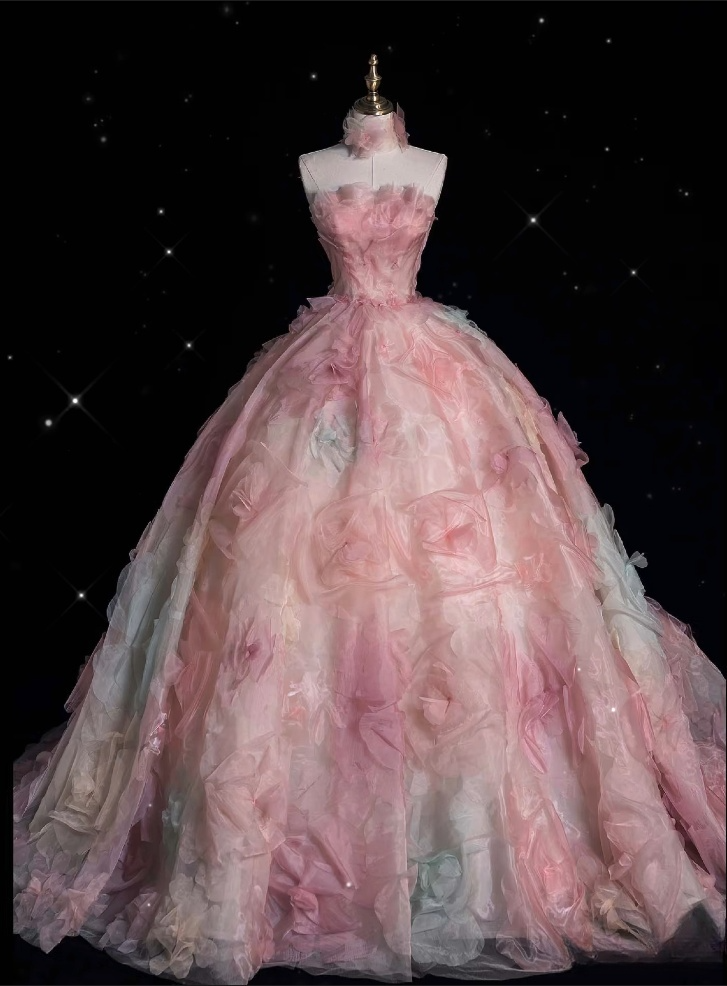 Vintage Fashion Ball Gown Strapless Pink Floral Floor Length Evening Dress Prom Dresses Main image