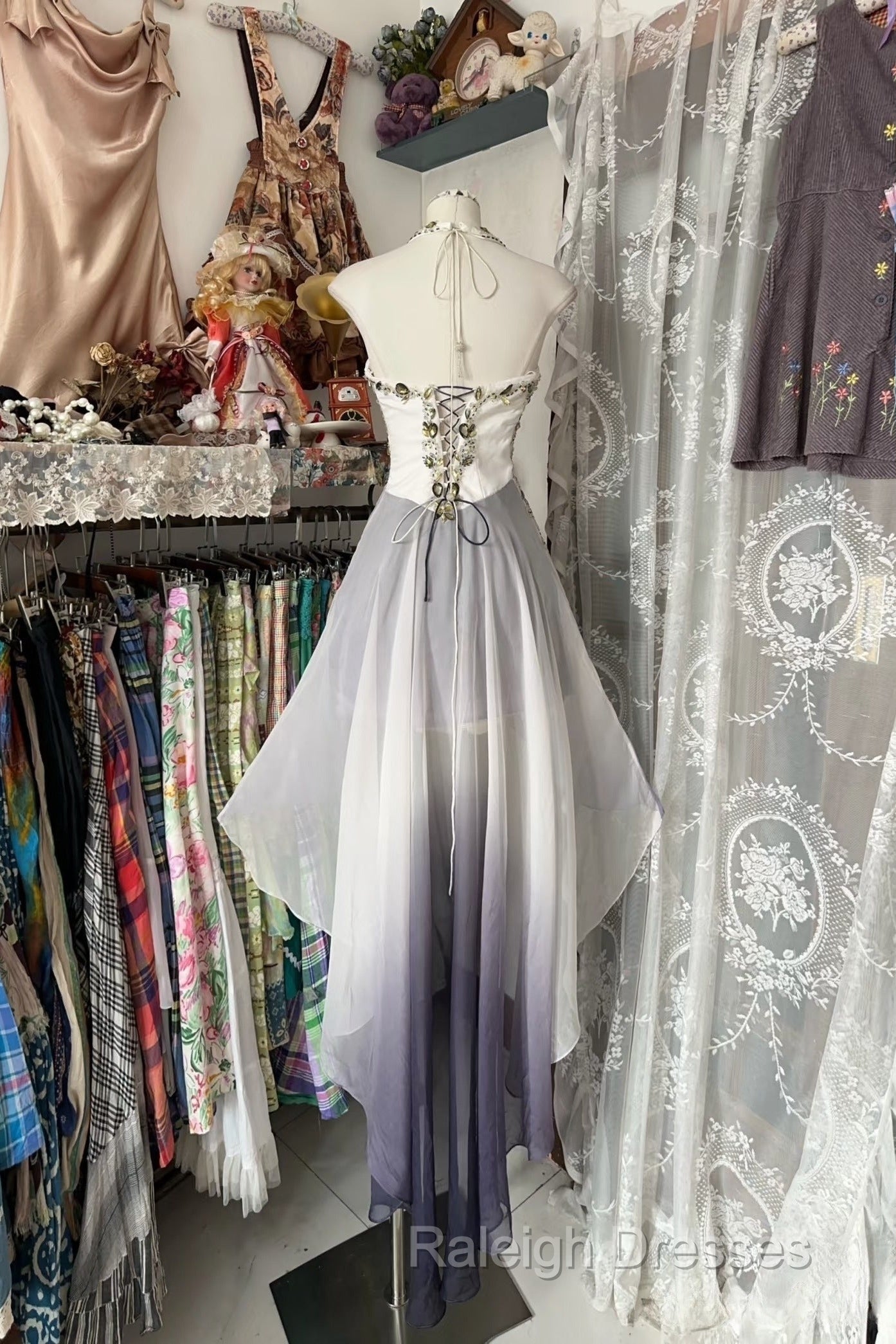 Vintage Fashion High Low Halter Ombre Gray Chiffon Evening Dress Prom Dresses Secondary image