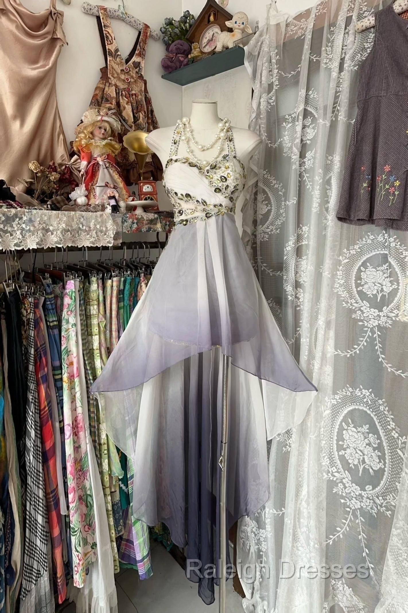 Vintage Fashion High Low Halter Ombre Gray Chiffon Evening Dress Prom Dresses