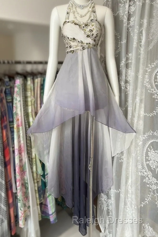 Vintage Fashion High Low Halter Ombre Gray Chiffon Evening Dress Prom Dresses Main image