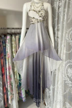 Vintage Fashion High Low Halter Ombre Gray Chiffon Evening Dress Prom Dresses