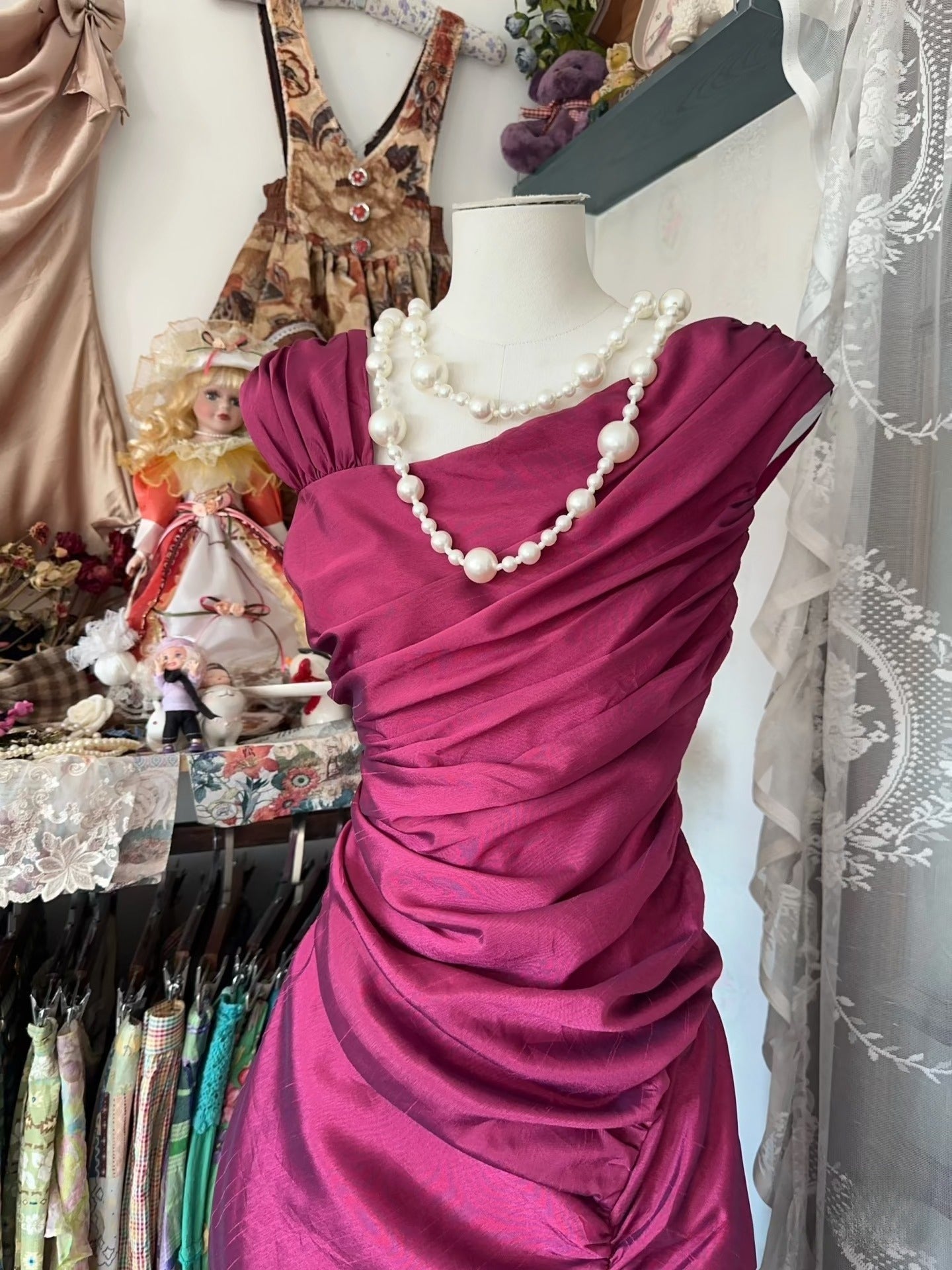 Vintage Fashion Mermaid Floor Length Hot Pink Satin Prom Dresses Prom Dress
