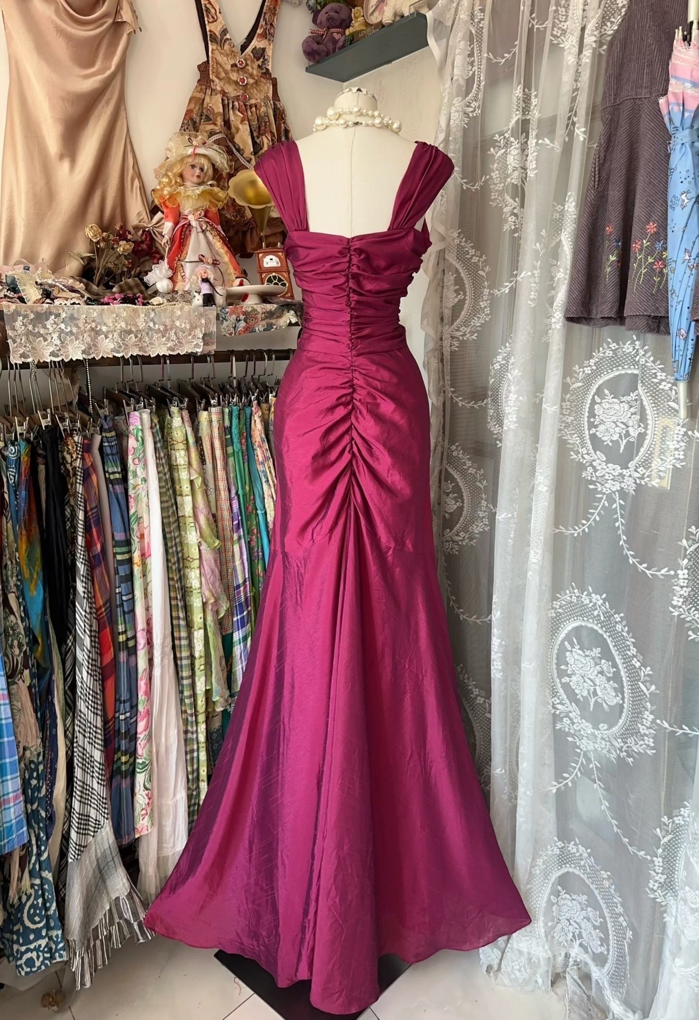 Vintage Fashion Mermaid Floor Length Hot Pink Satin Prom Dresses Prom Dress