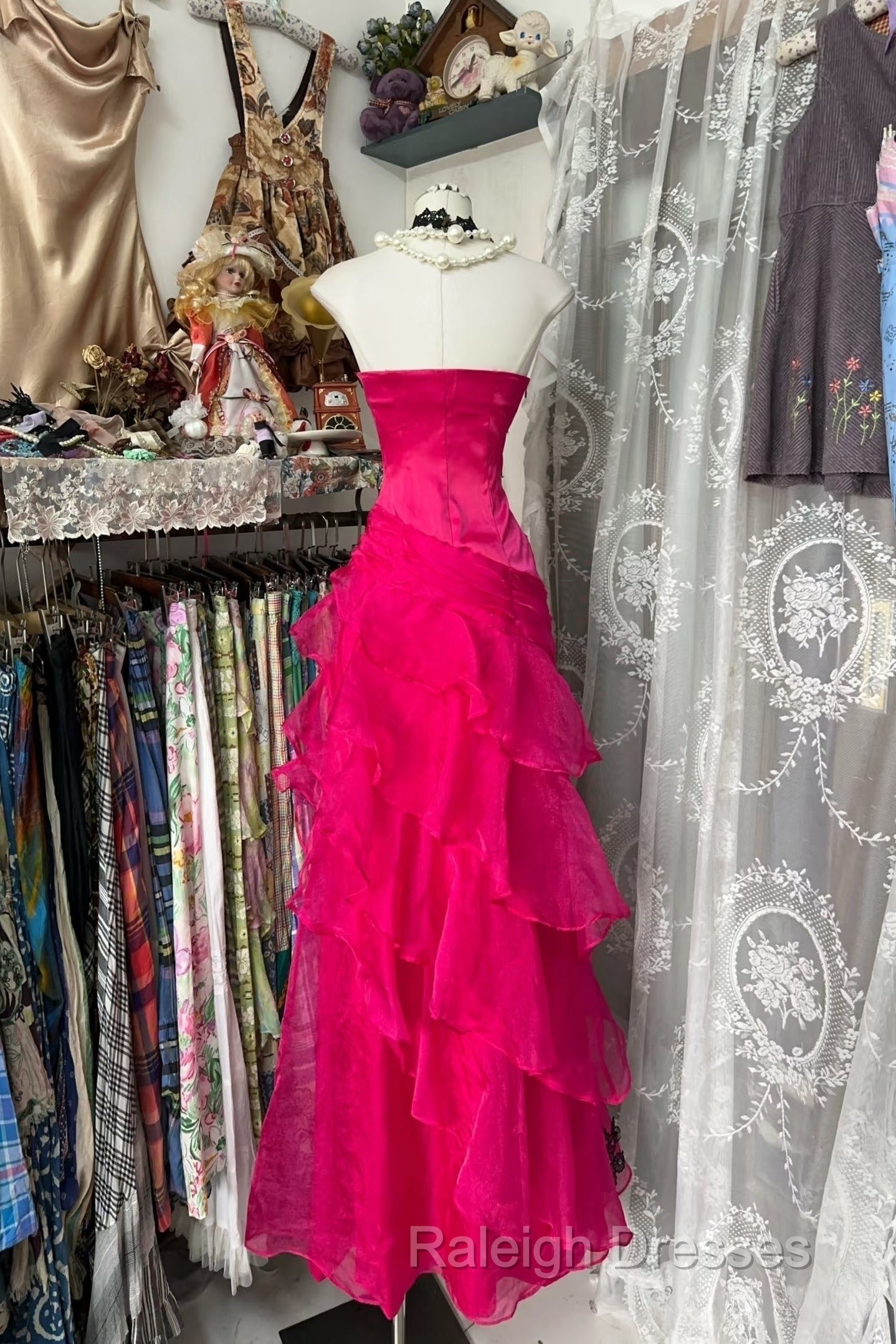 Vintage Fashion Mermaid Strapless Hot Pink Floor Length Evening Dress Prom Dresses Secondary image