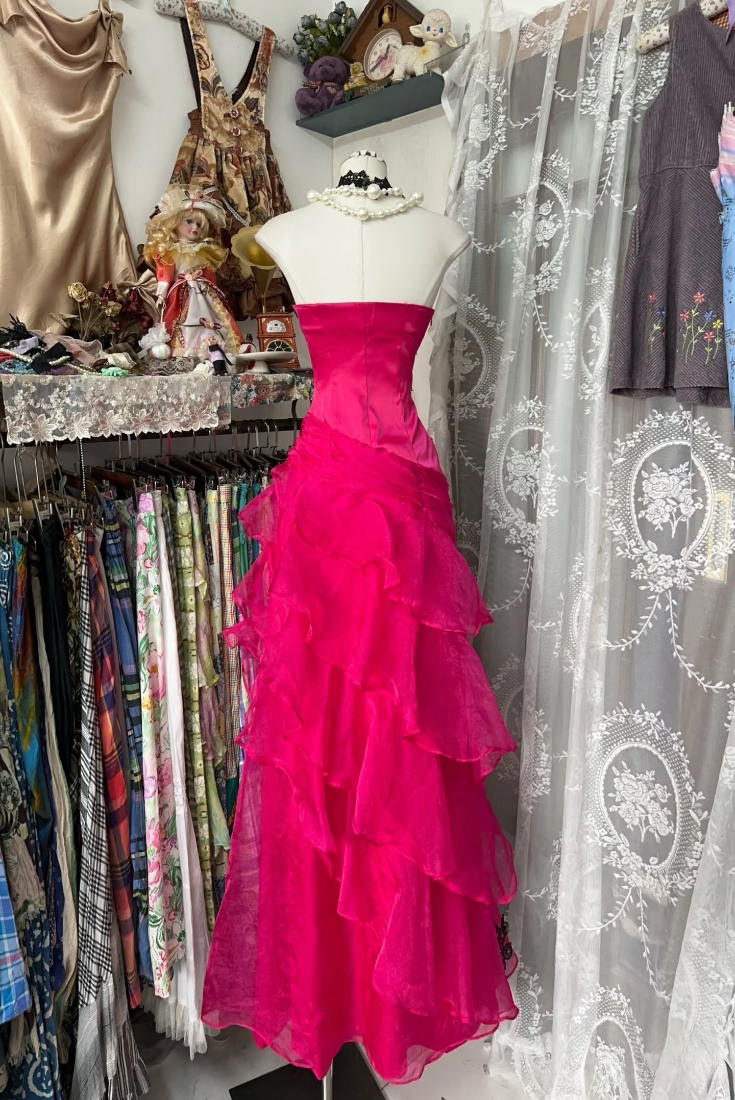 Vintage Fashion Mermaid Strapless Hot Pink Floor Length Evening Dress Prom Dresses Secondary image