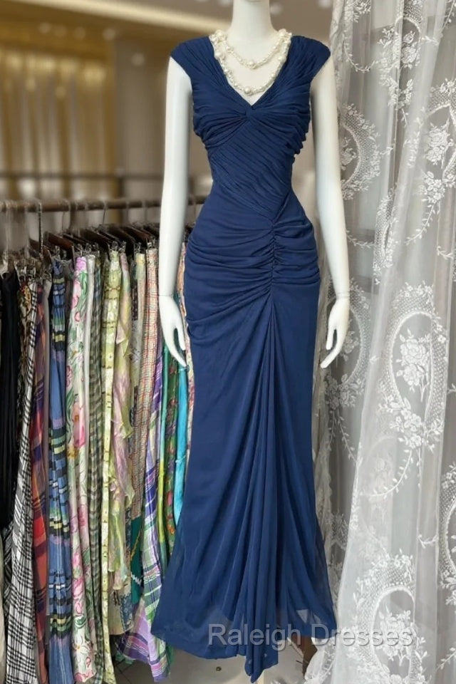 Vintage Fashion Mermaid V Neckline Navy Blue Floor Length Evening Dress Prom Dresses Main image