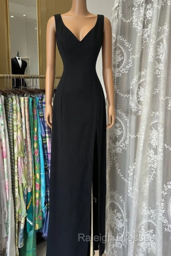 Vintage Fashion Sheath Straps Black Slit Floor Length Evening Dress Prom Dresses Main image