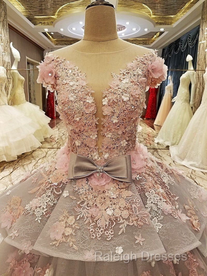 Vintage Floral Lace Flower Wedding Dress Ball Gowns