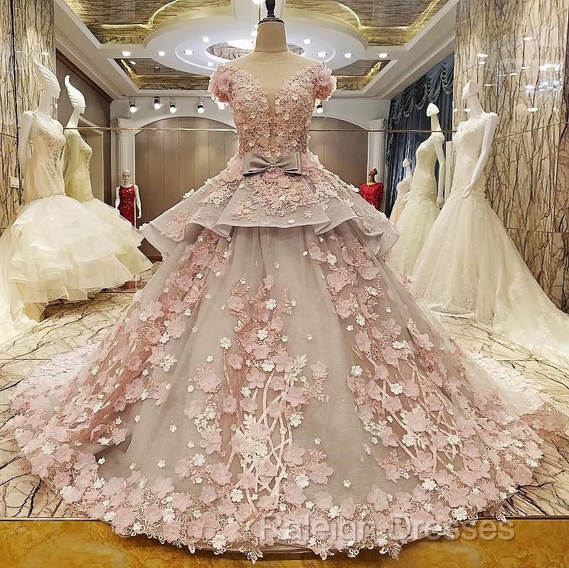 Vintage Floral Lace Flower Wedding Dress Ball Gowns