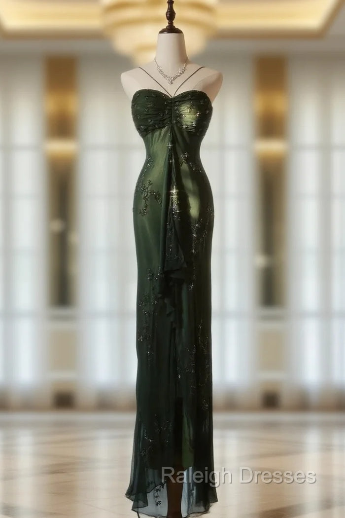Vintage Forest Green Prom Dresses For Prom&Quinceanera-Elegant Spaghetti Straps Glitter Beaded Prom Gown Main image