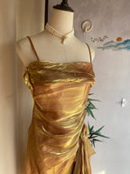 Vintage Gold-Brown Irregular Strap Pleated Satin Formal Prom Dress