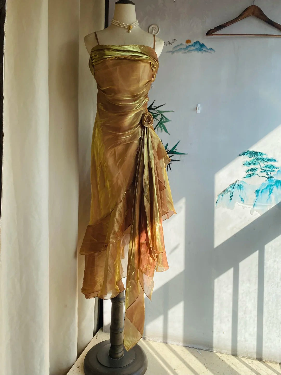 Vintage Gold-Brown Irregular Strap Pleated Satin Formal Prom Dress Main image