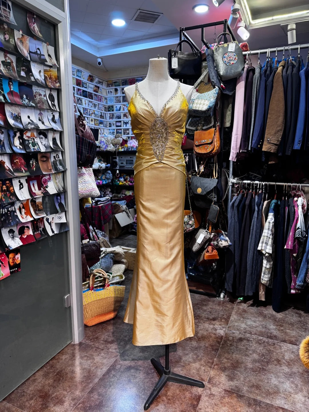 Vintage Gold Mermaid V-Neck Sequined Satin Long Formal Prom Dress